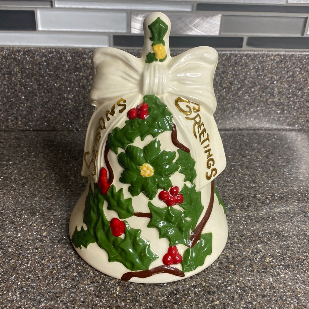 Vintage 70s Christmas Seasons Greetings Large Bell Decoration Handpainted